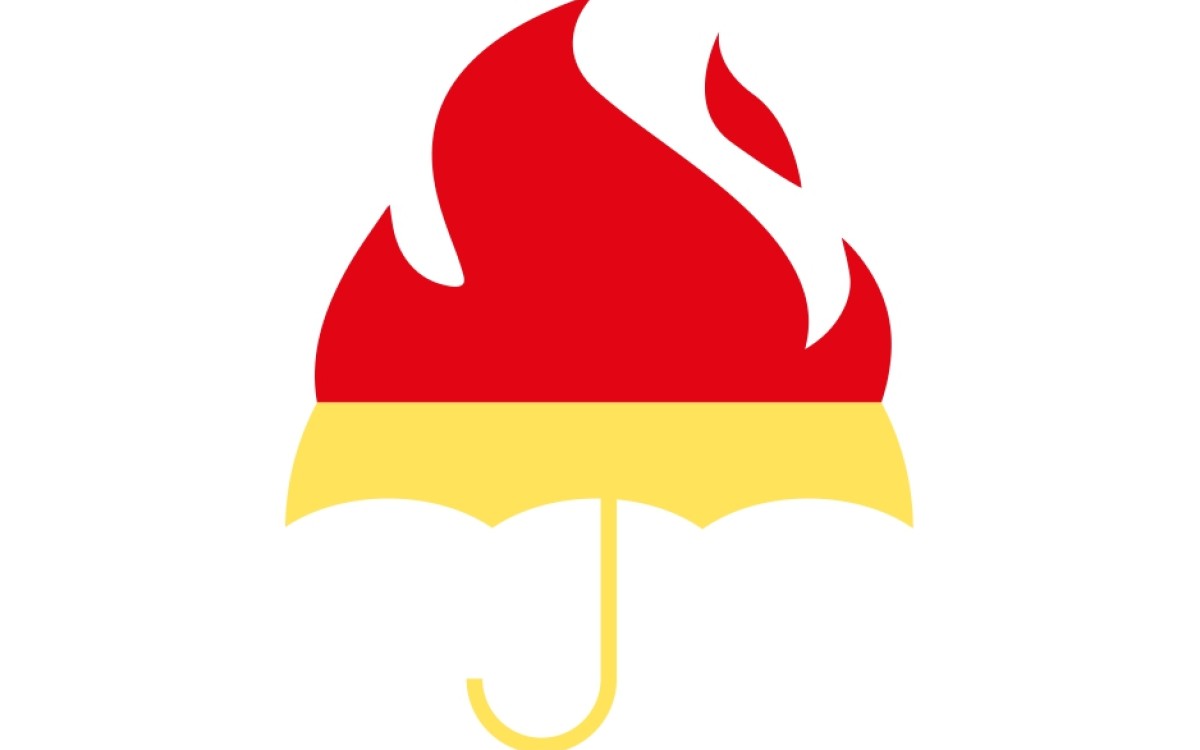 Teikning av ein gul paraply med flammer på toppen i raudt
