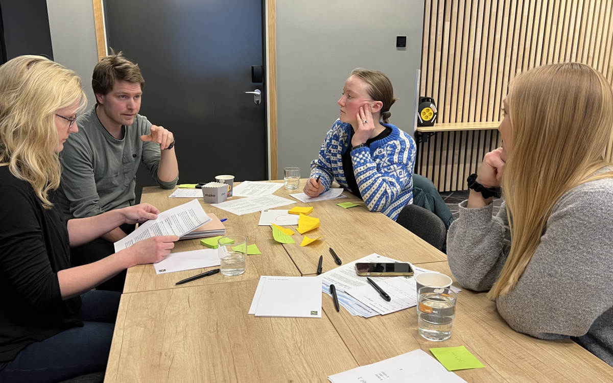 fire unge menneske sit rundt eit bord med ark på og diskuterer