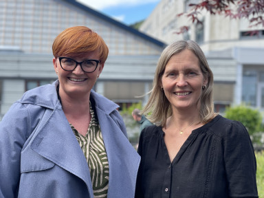 To forskarar framfor bygg